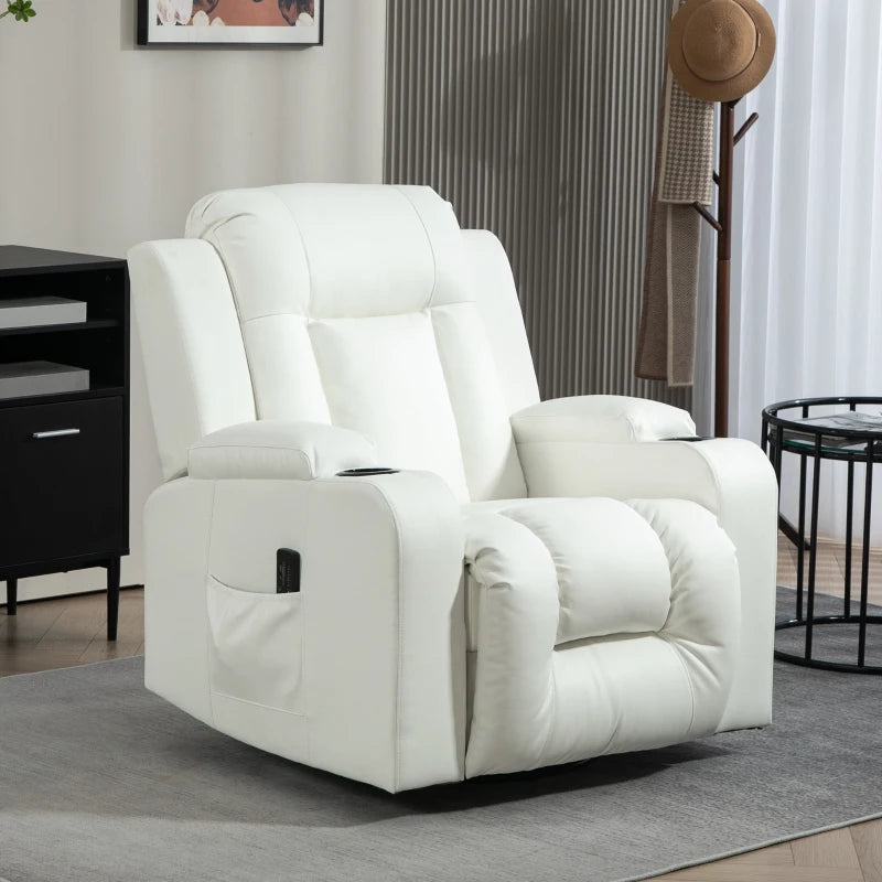 360° Swivel Massage Recliner Chair with Cup Holders, Cream White