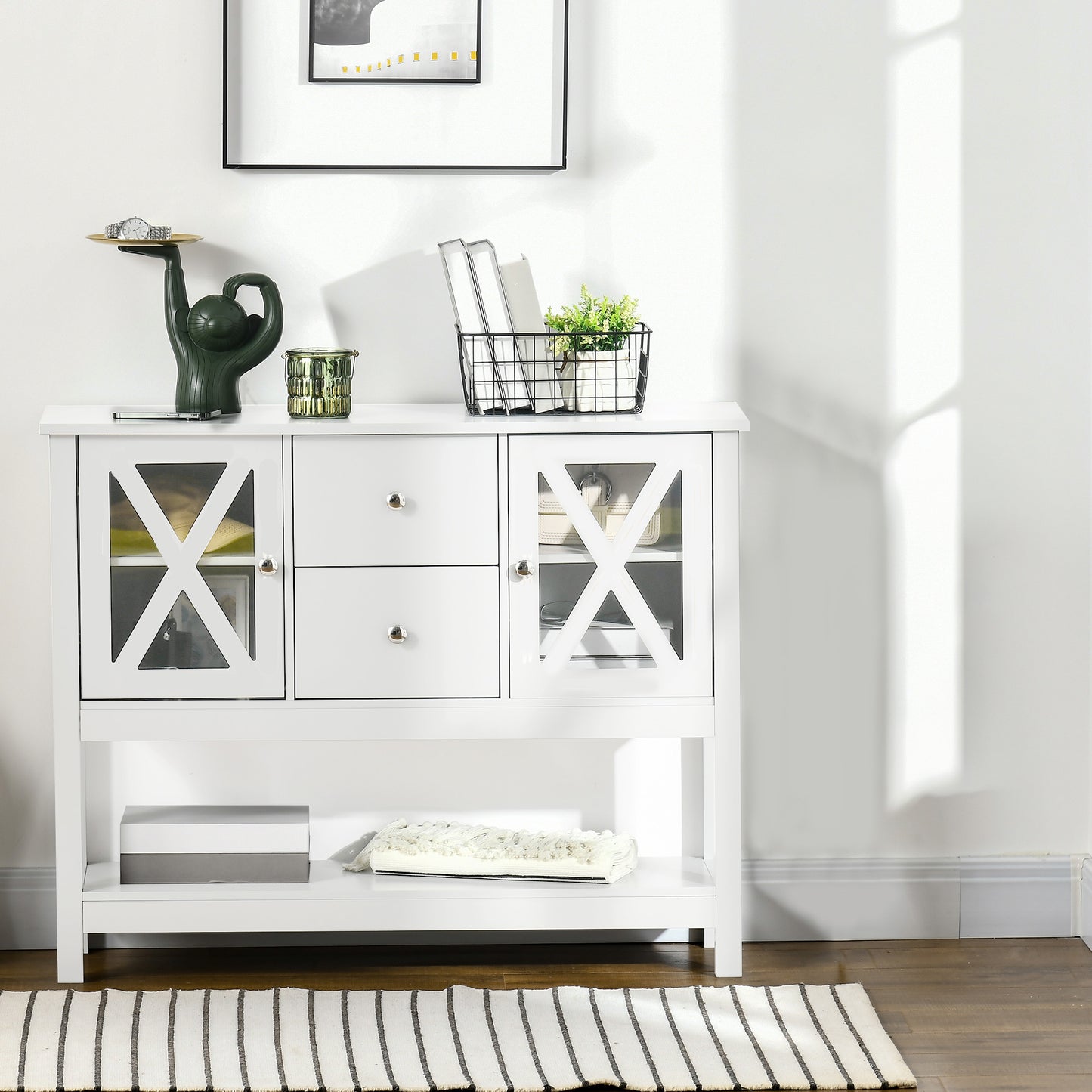 39" Modern Sideboard with X-Design Glass Doors and Storage, White