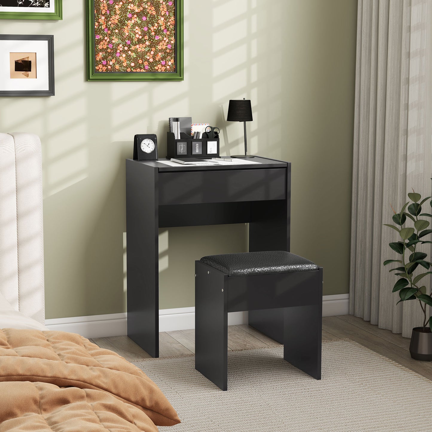 Modern Vanity Set with Flip-Top Mirror and Cushioned Stool