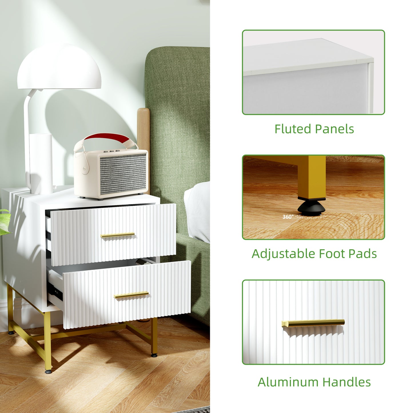 Modern Fluted Nightstands with Gold Legs and 2 Drawers, White (Set of 2)