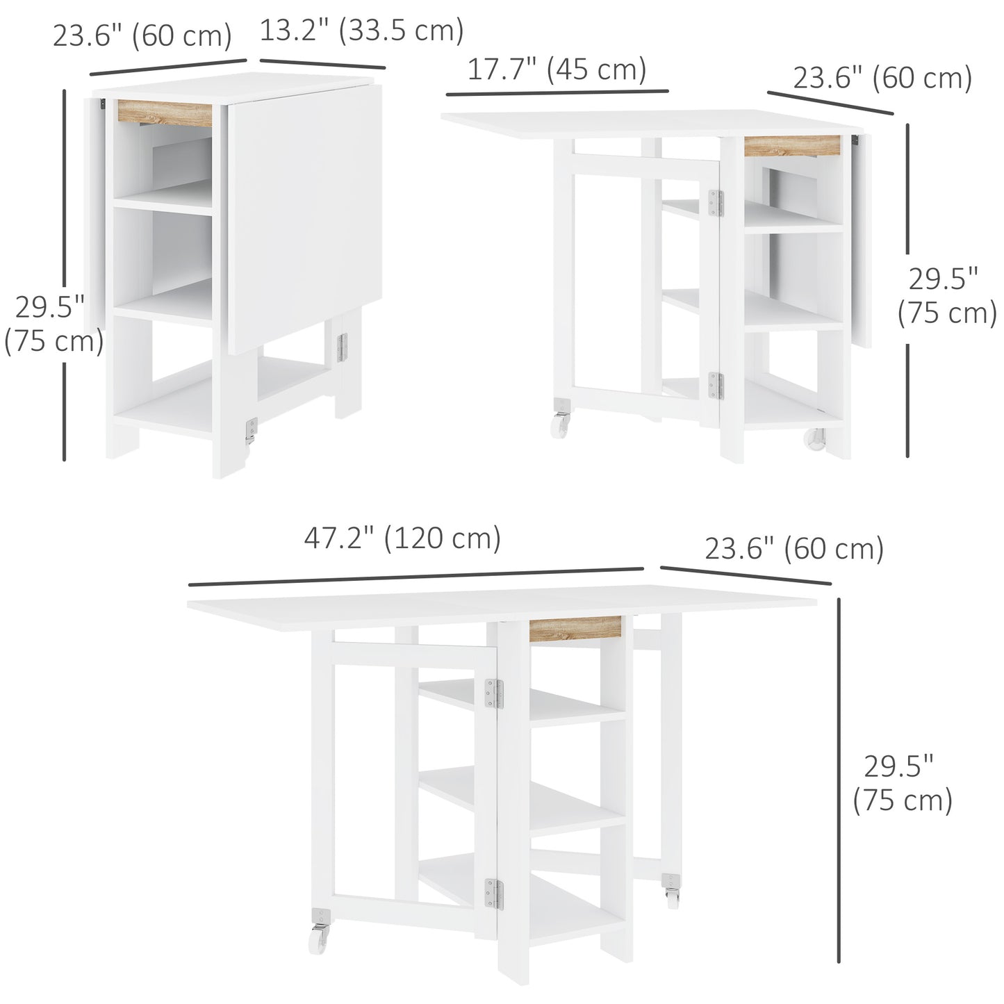 Folding Dining Table with Built-In Storage Shelves - White
