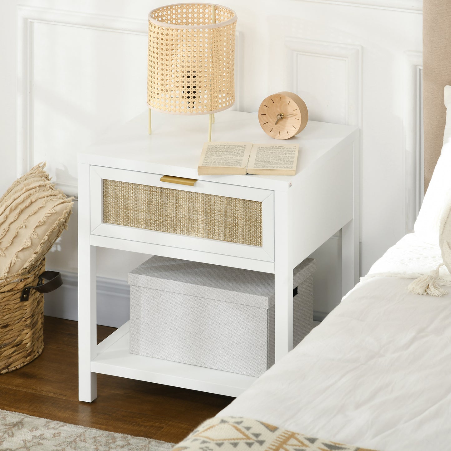 Boho Nightstand with Rattan Drawer and Open Shelf, White
