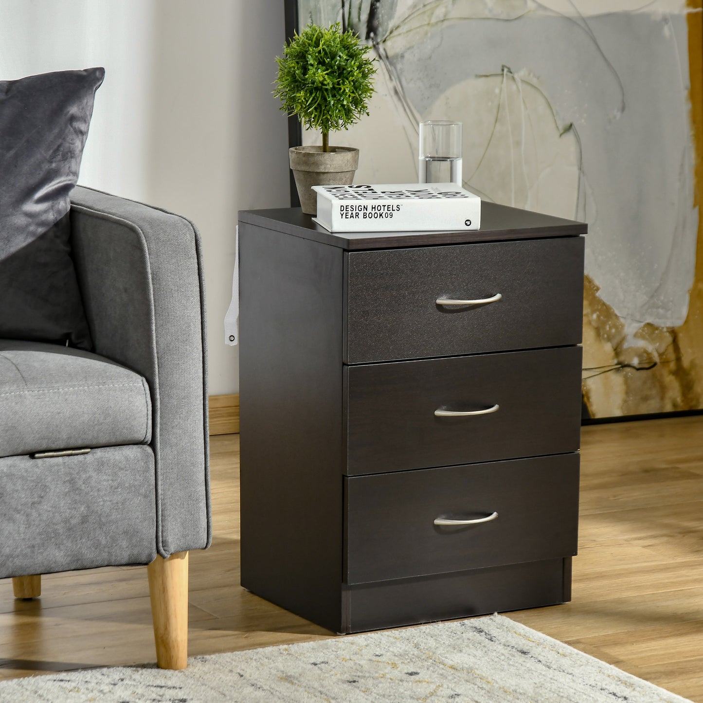 Bedside Table, Modern Nightstand with 3 Drawers, Dark Brown