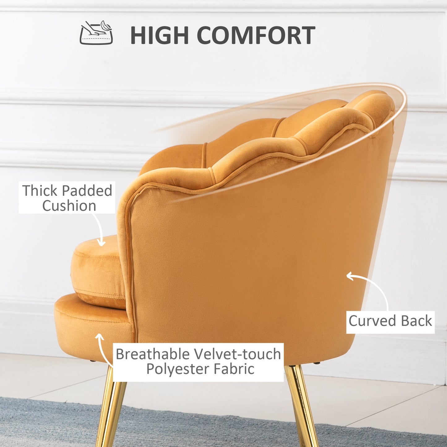 Modern Velvet Accent Chair with Lotus Backrest and Gold Legs, Yellow