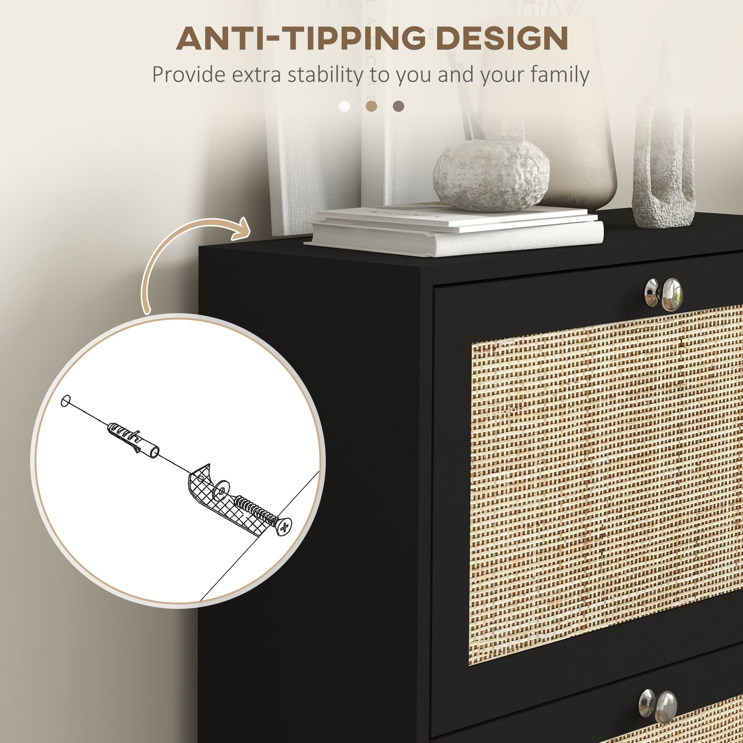 Rattan Front Shoe Cabinet with 3 Flip Drawers for 18 Pairs, Black