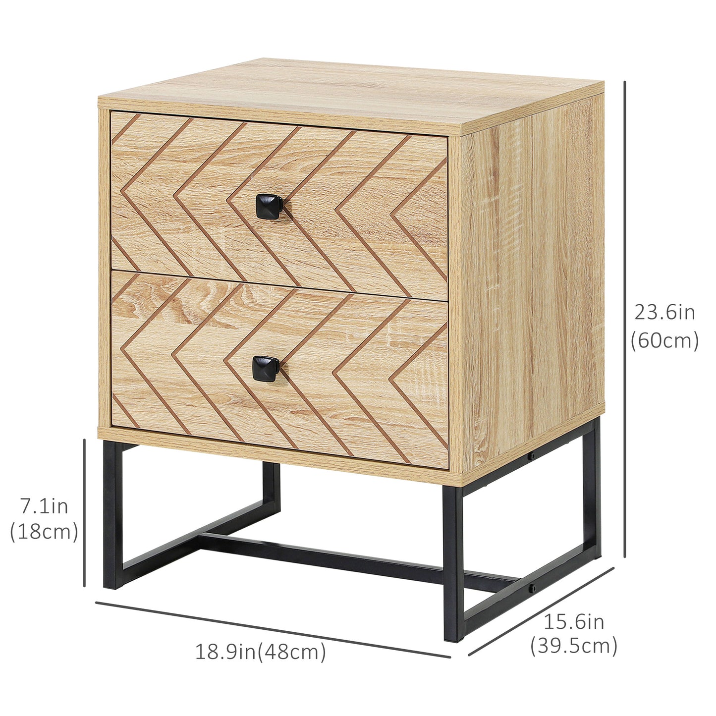 Modern Nightstand with Zig-Zag Design and 2 Drawers, Natural Wood