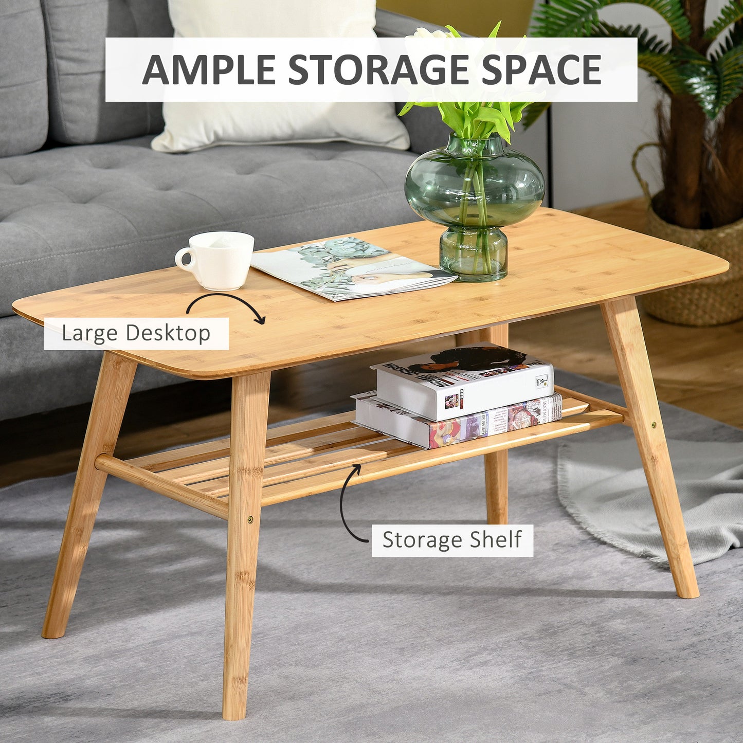 2-Tier Bamboo Coffee Table with Storage Shelf, Natural