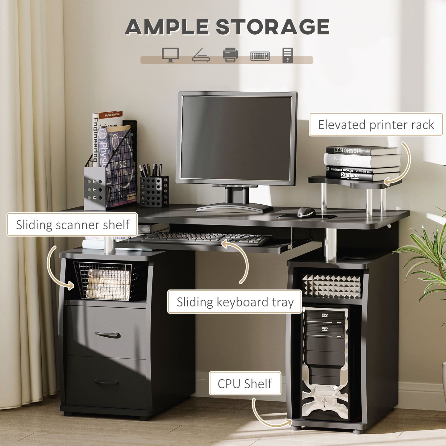Computer Desk with Keyboard Tray and Storage Drawers, Home Office Workstation, Black