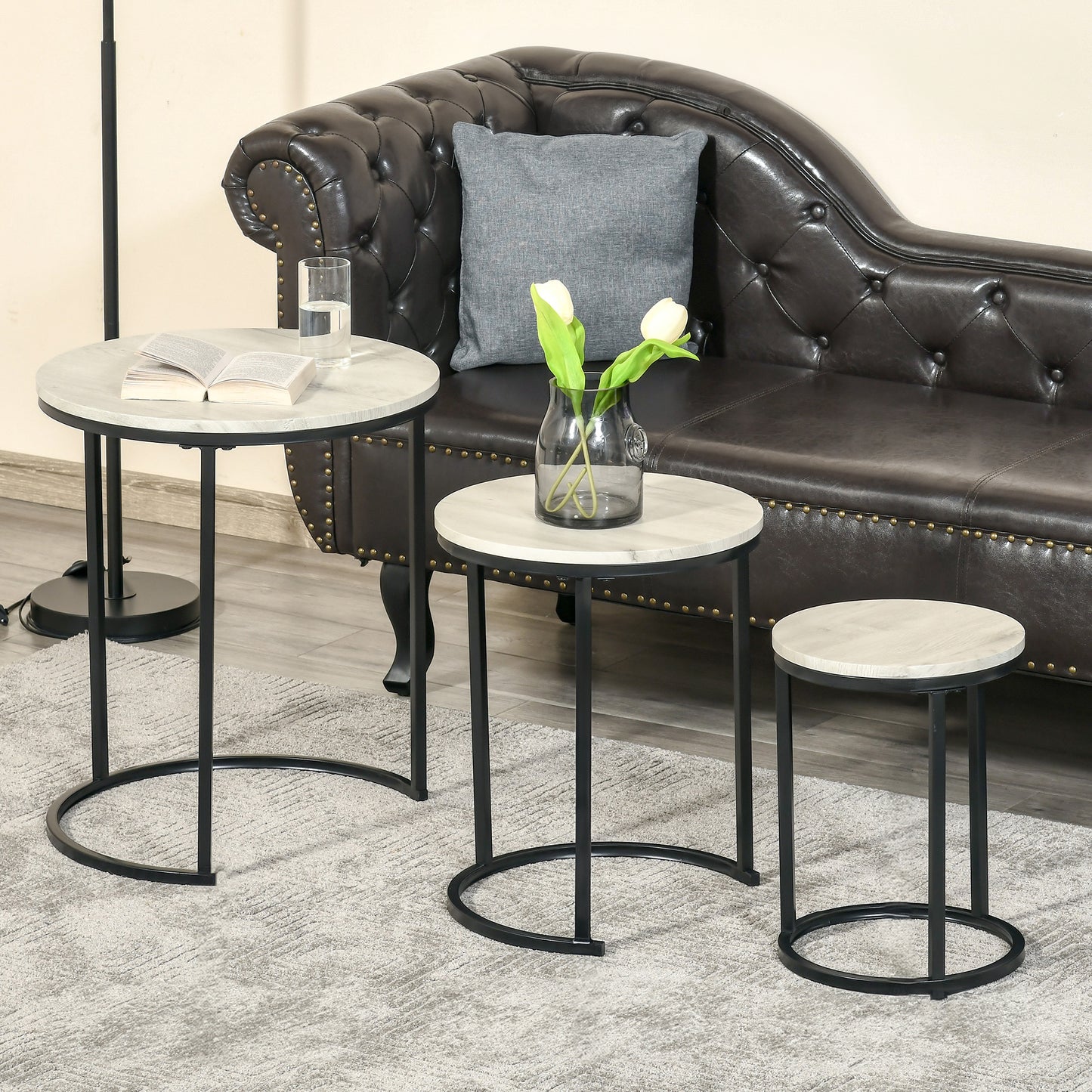 Round Nesting Coffee Table Set of 3 with Steel Frame - Grey