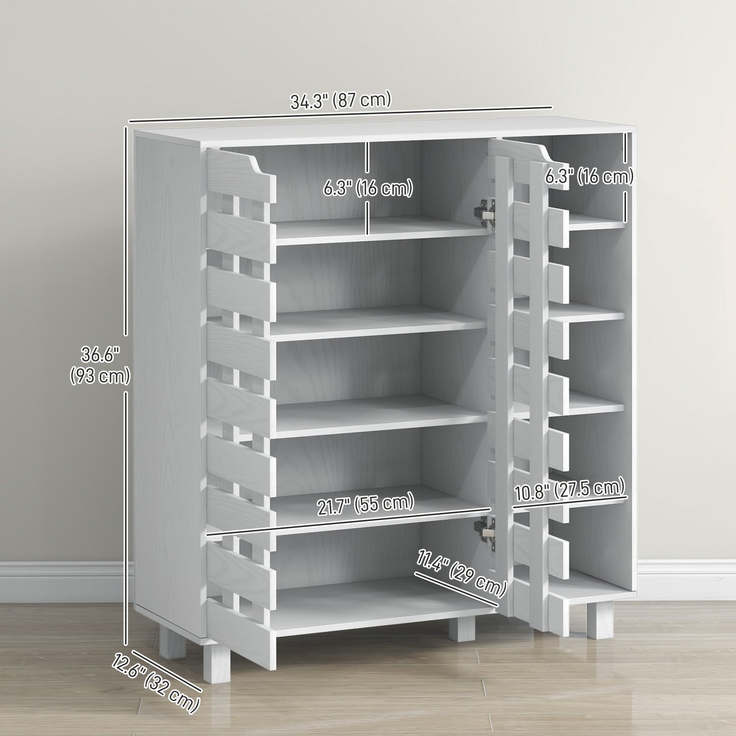 21 Pair Shoe Storage Cabinet with Double Doors and Open Shelves, White