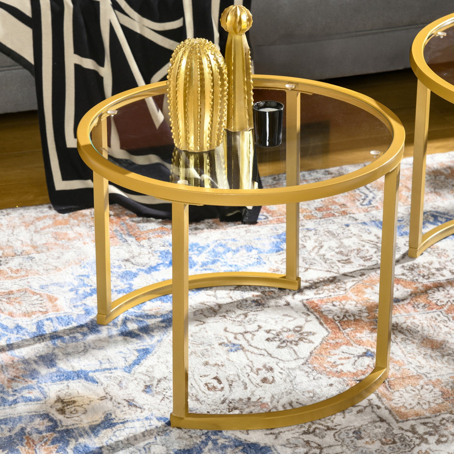 Gold Round Nesting Tables Set of 2 with Tempered Glass Top