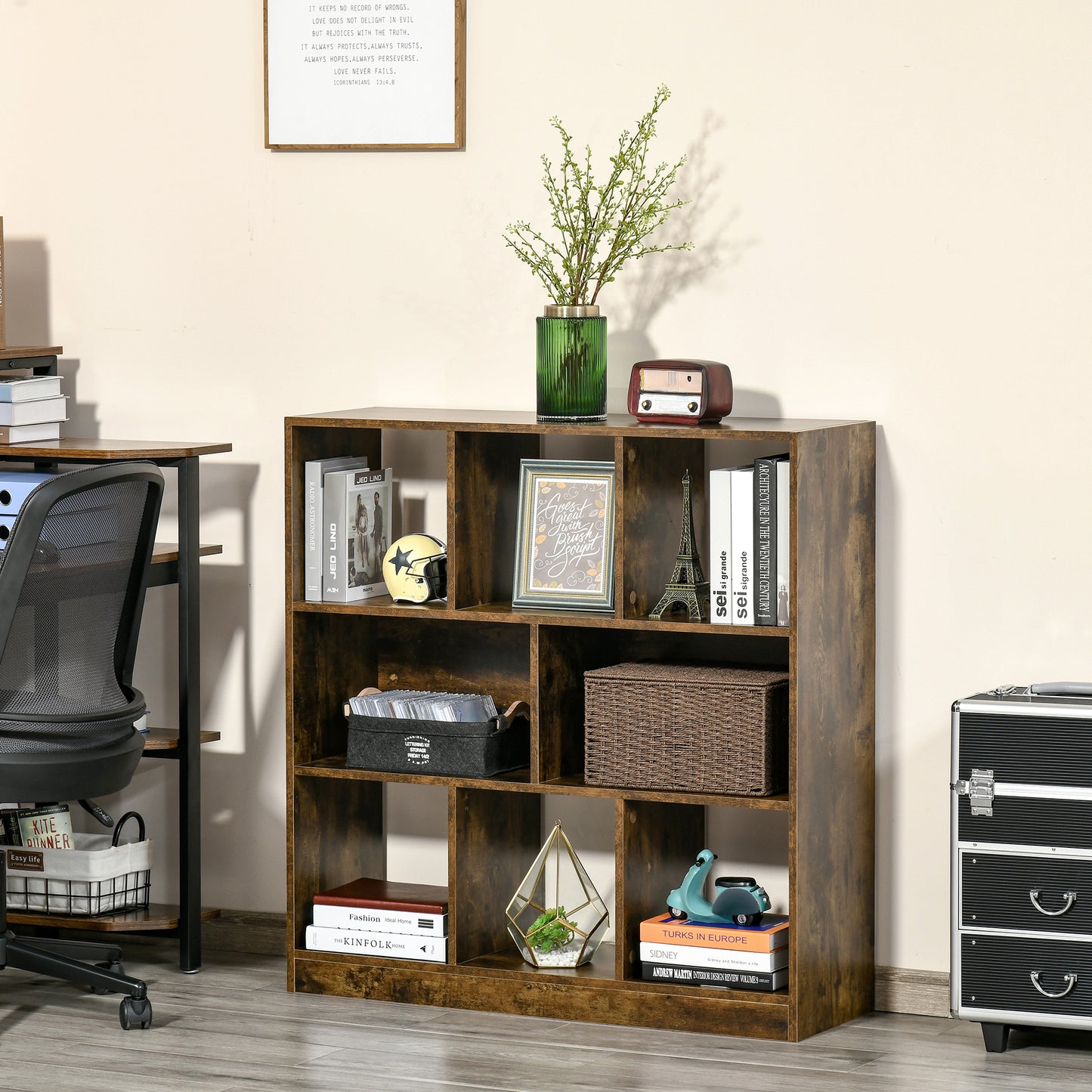 3-Tier Storage Bookcase with Staggered Dividers, Rustic Brown