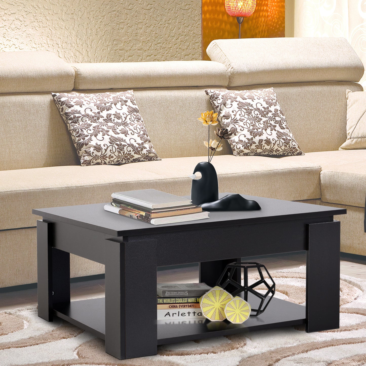 Modern Square Coffee Table with Storage Shelf - Black