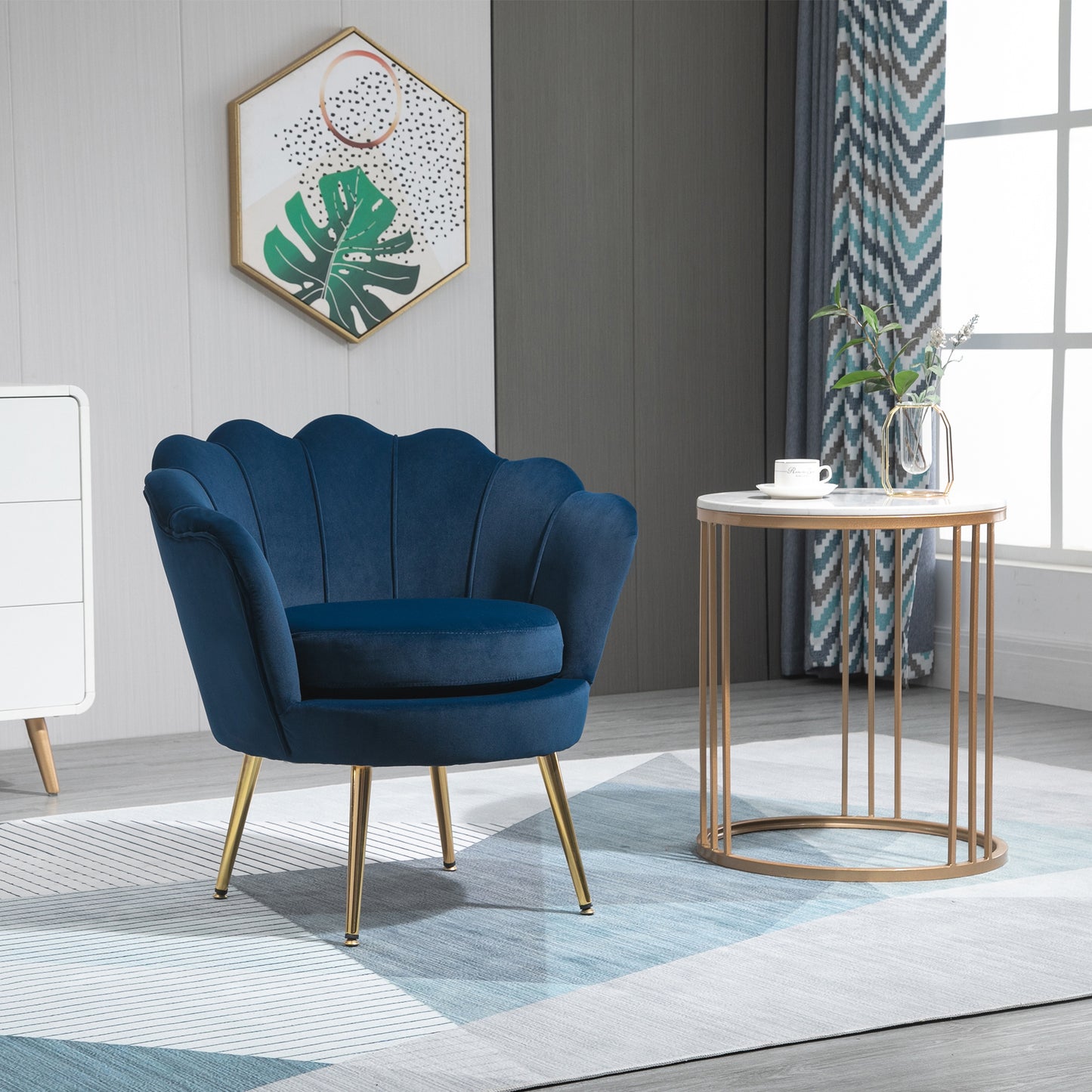 Modern Velvet Accent Chair with Lotus Backrest and Gold Legs, Blue