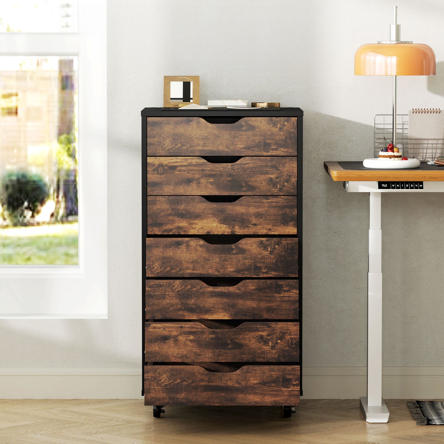 7-Drawer Mobile Storage Cabinet for Home Office - Rustic Brown