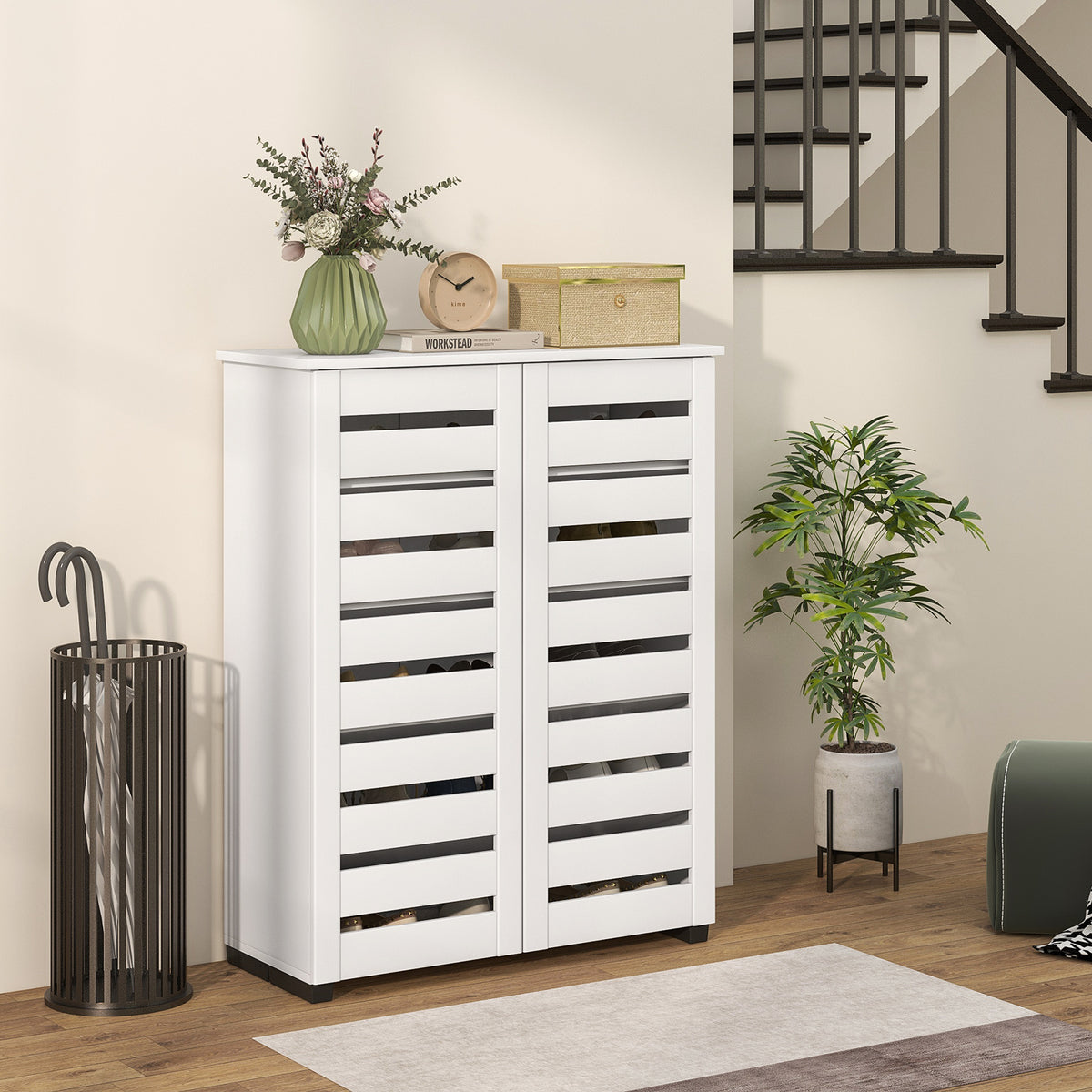 Slatted-Door Shoe Storage Cabinet, for 15 Pairs, White