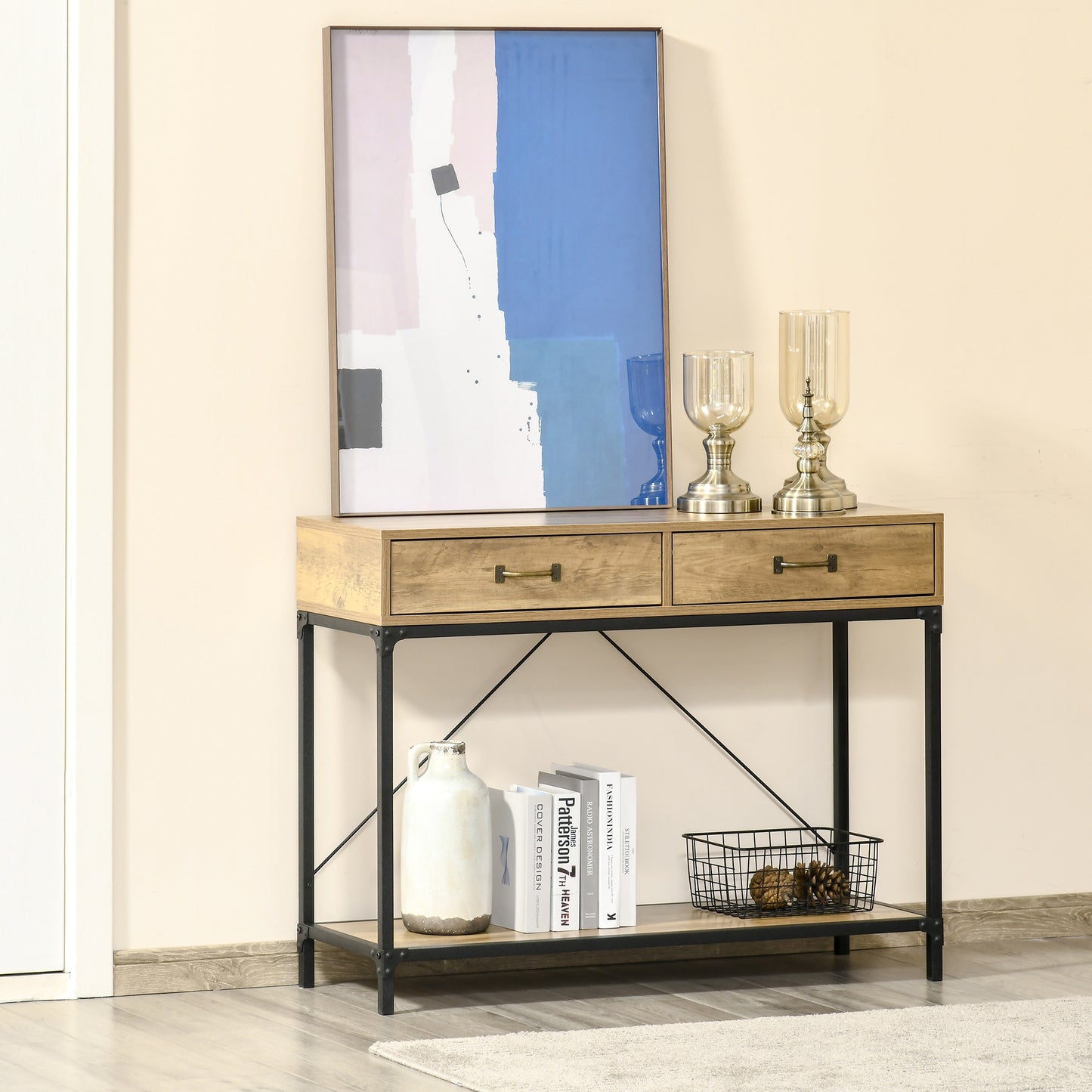39" Vintage Console Table with Industrial Frame and Storage, Brown