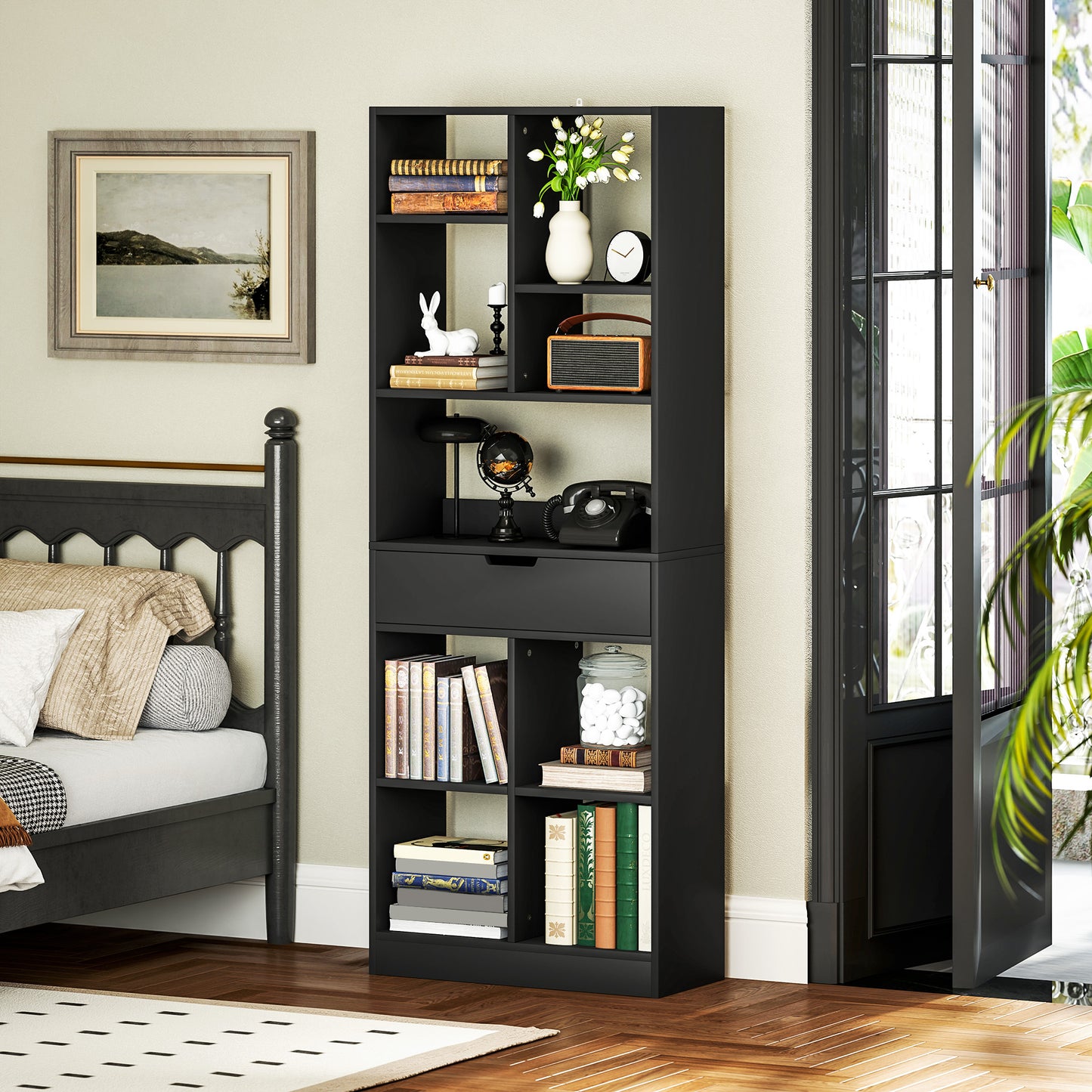 Tall Bookshelf with Drawer and Wide Worktop, Black