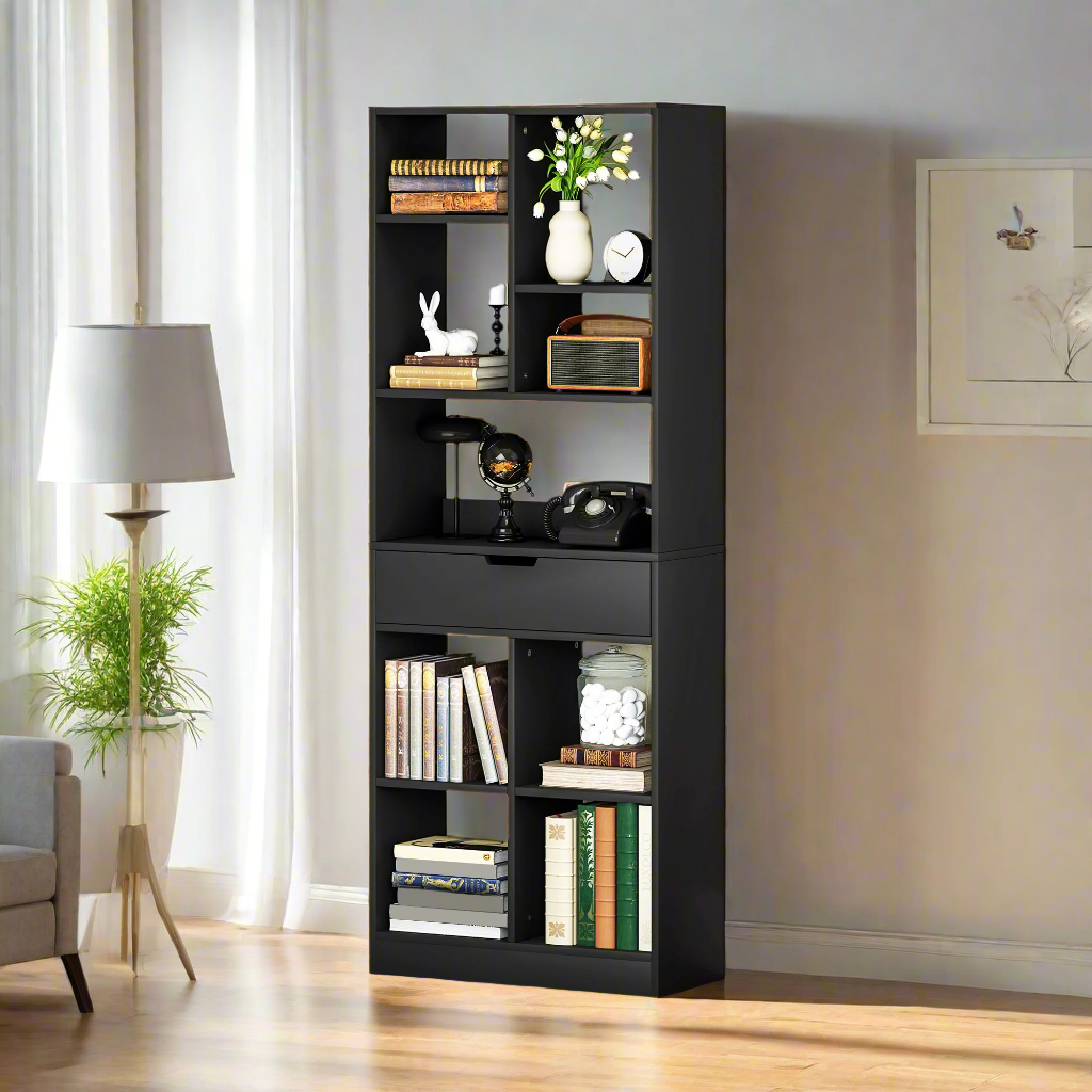 Tall Bookshelf with Drawer and Wide Worktop, Black