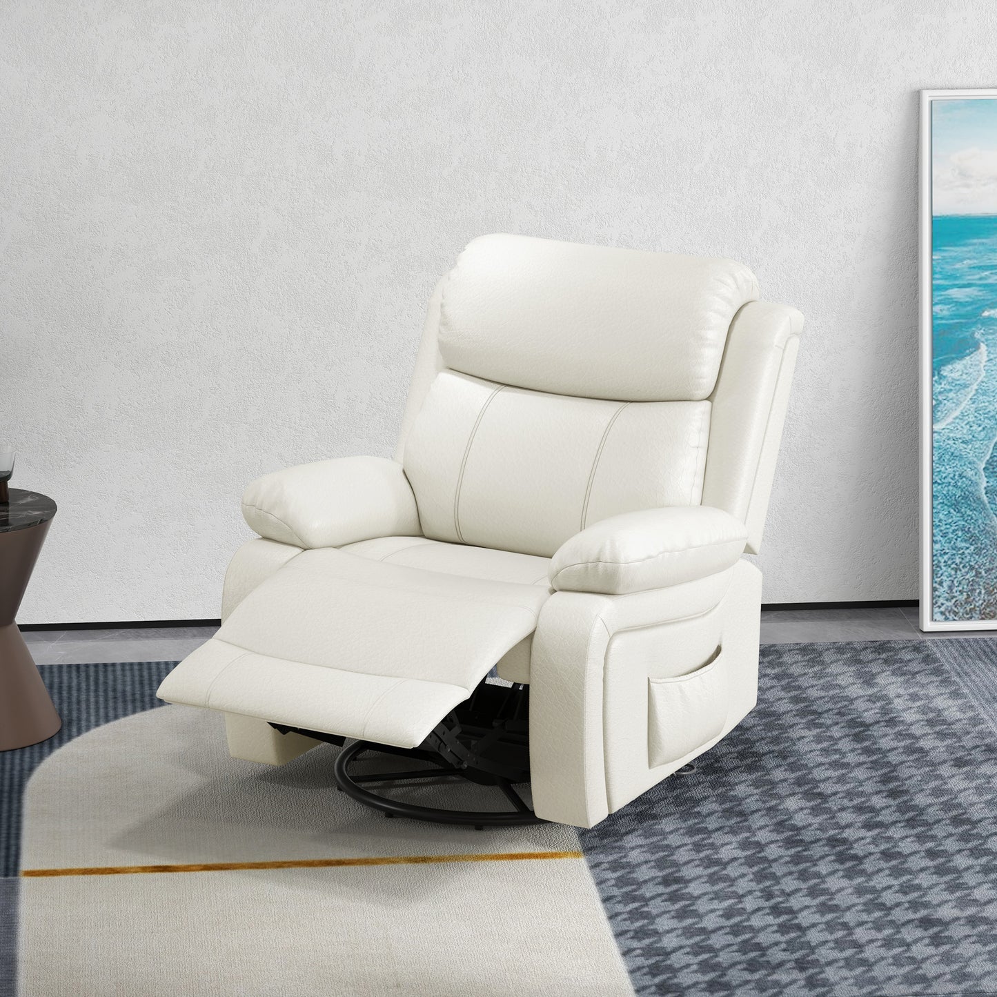 PU Leather Massage Recliner Chair with Swivel Base, Cream White