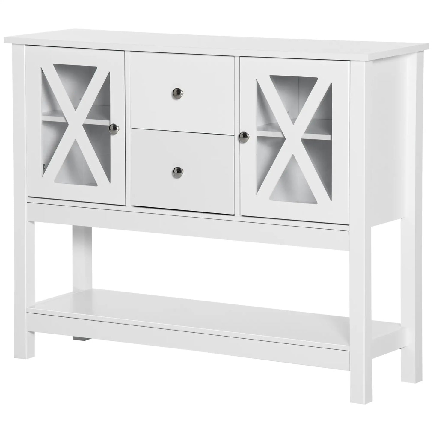 39" Modern Sideboard with X-Design Glass Doors and Storage, White