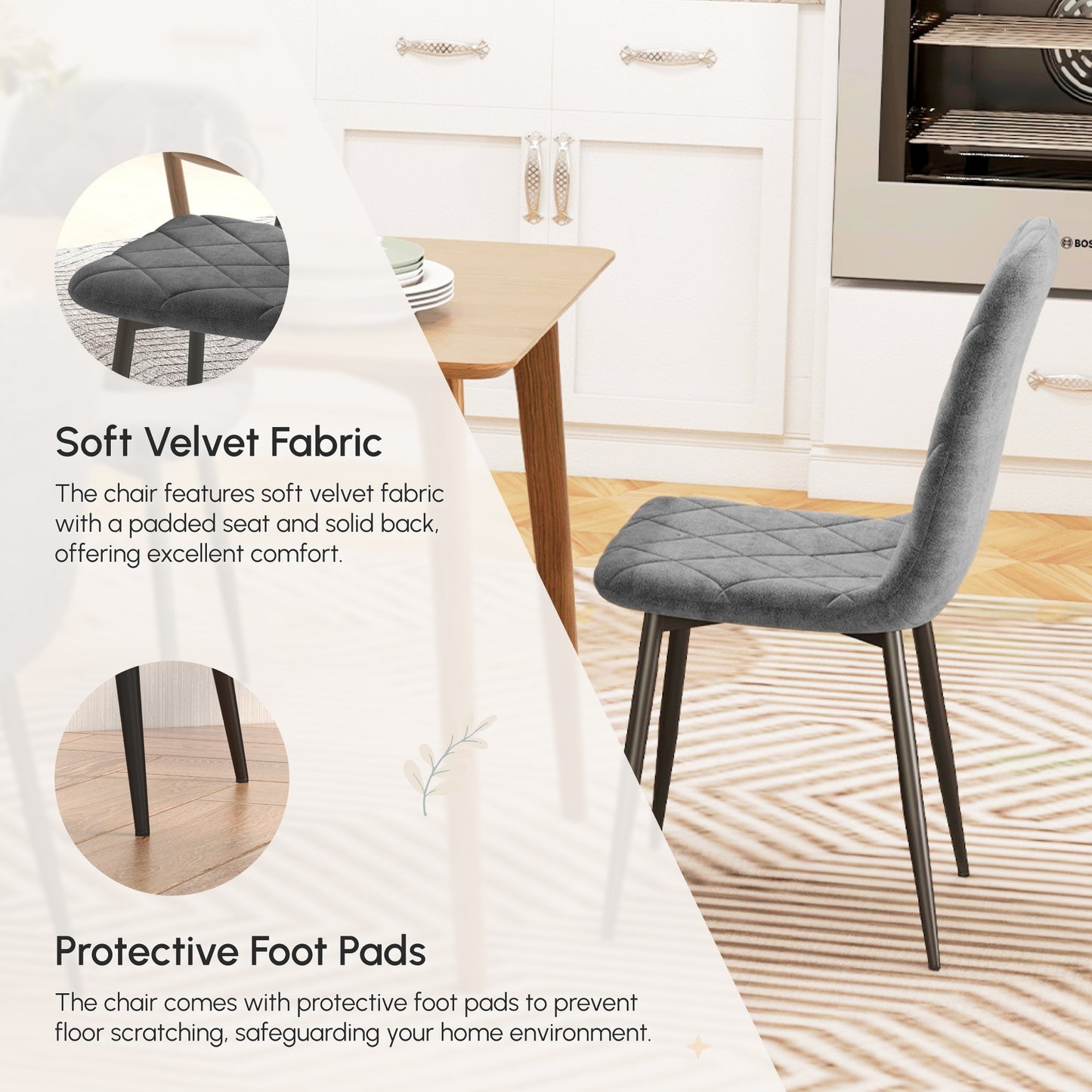 Velvet-Feel Upholstered Dining Chairs with Steel Legs, Grey (Set of 4)