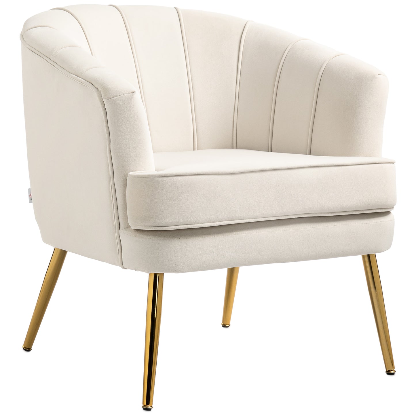 Channel-Tufted Tub Armchair with Upholstery and Gold Legs, Cream