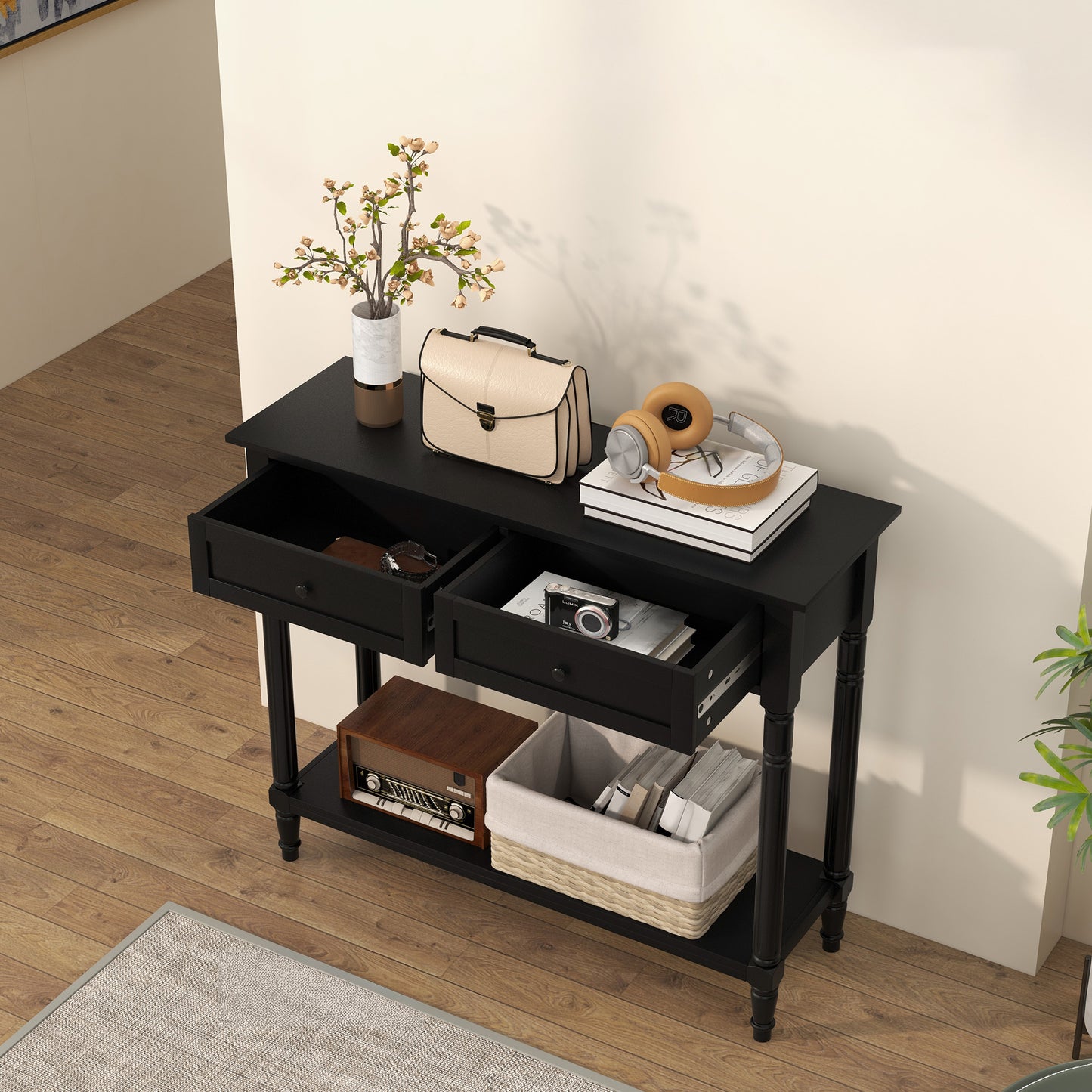 36" Console Table with Classic Turned Legs and Storage, Black