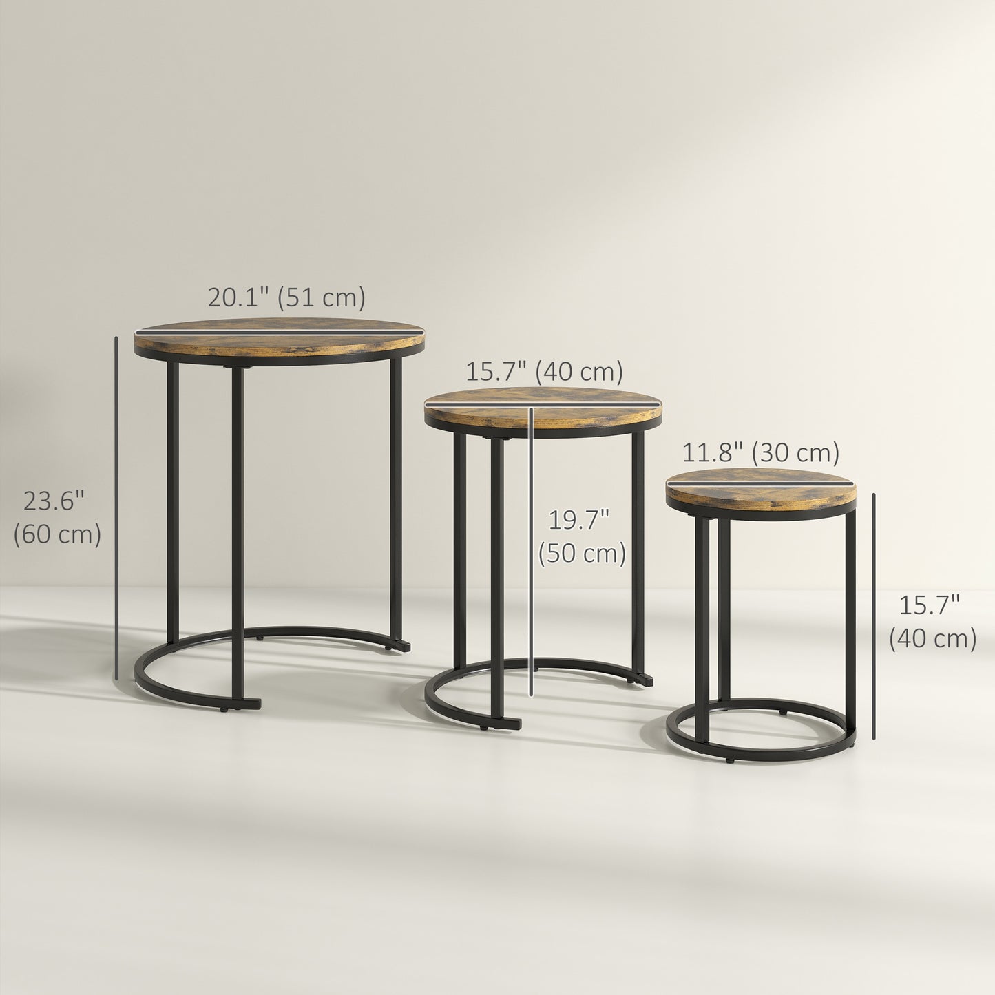 Round Nesting Coffee Table Set of 3 with Steel Frame - Rustic Brown