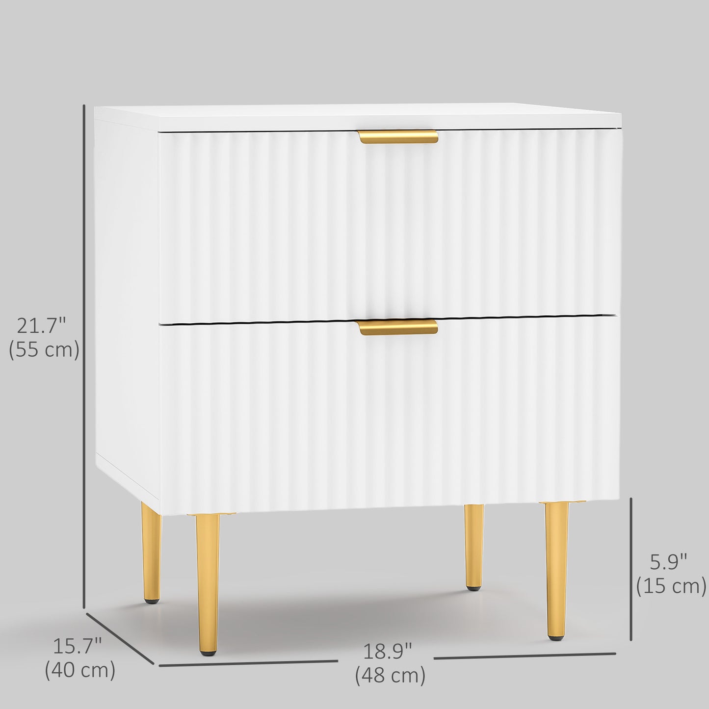 Modern Nightstand with Gold Finger Pulls and Fluted Drawers, White