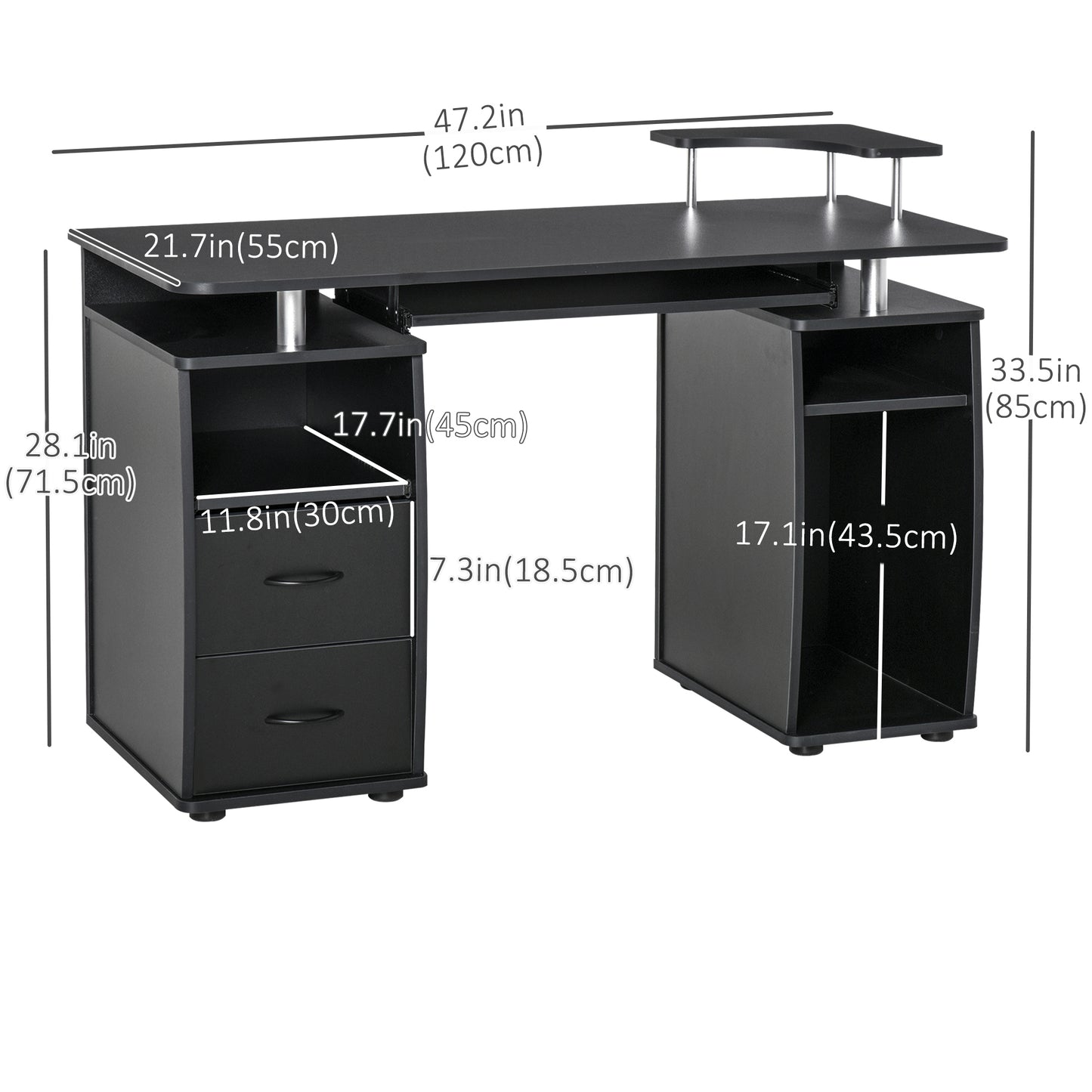 Computer Desk with Keyboard Tray and Storage Drawers, Home Office Workstation, Black