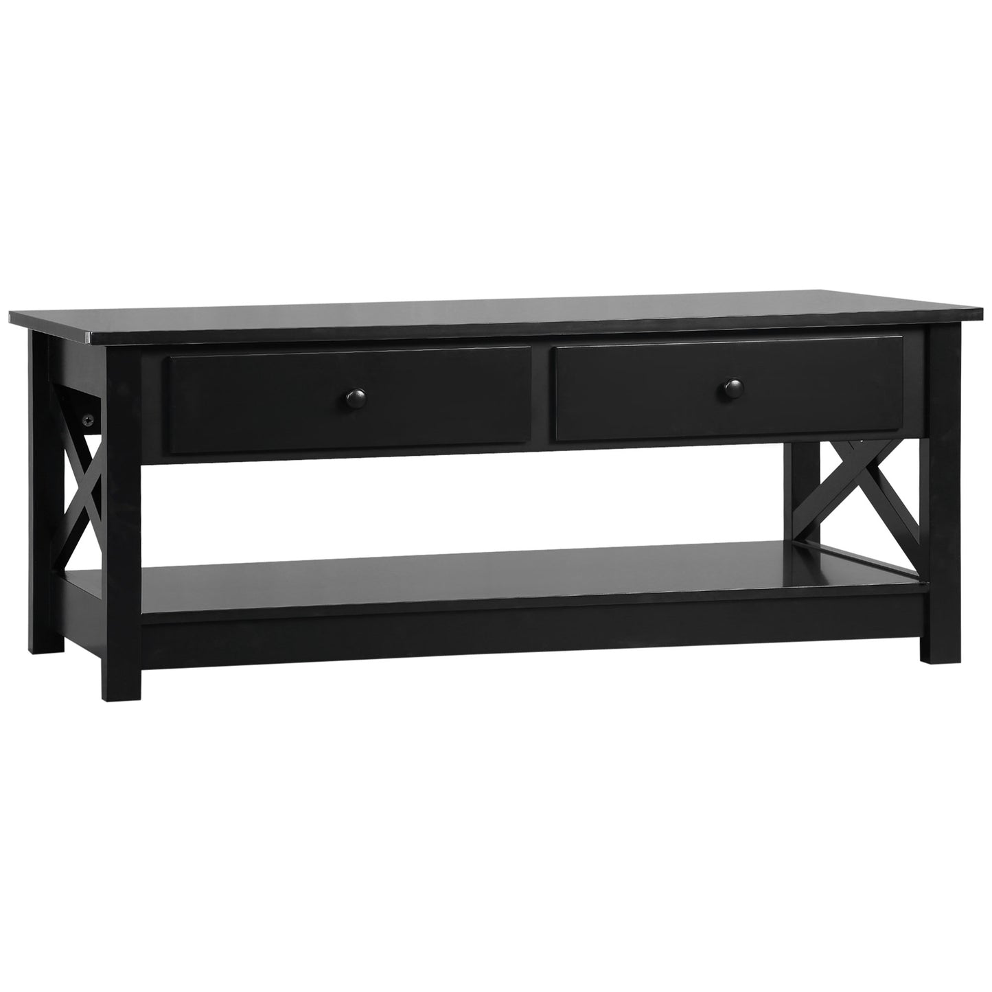 Farmhouse Coffee Table with Drawers and X-Frame, Black