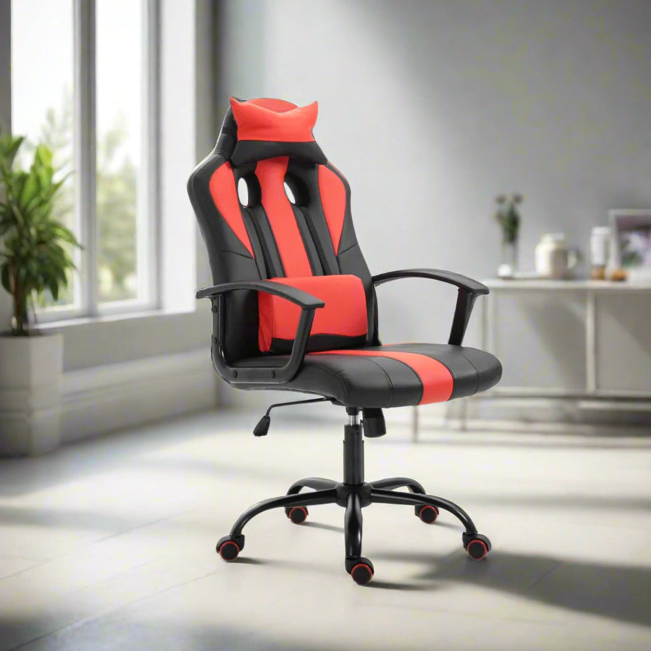 High-Back Racing Style Gaming Chair with Lumbar Support, Red and Black
