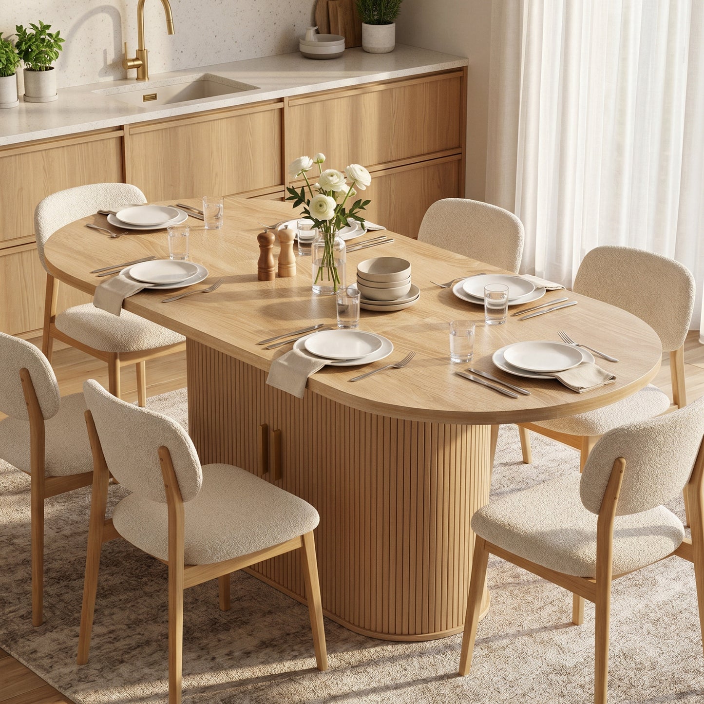 Extendable Dining Table for 6-8 People, Natural Wood