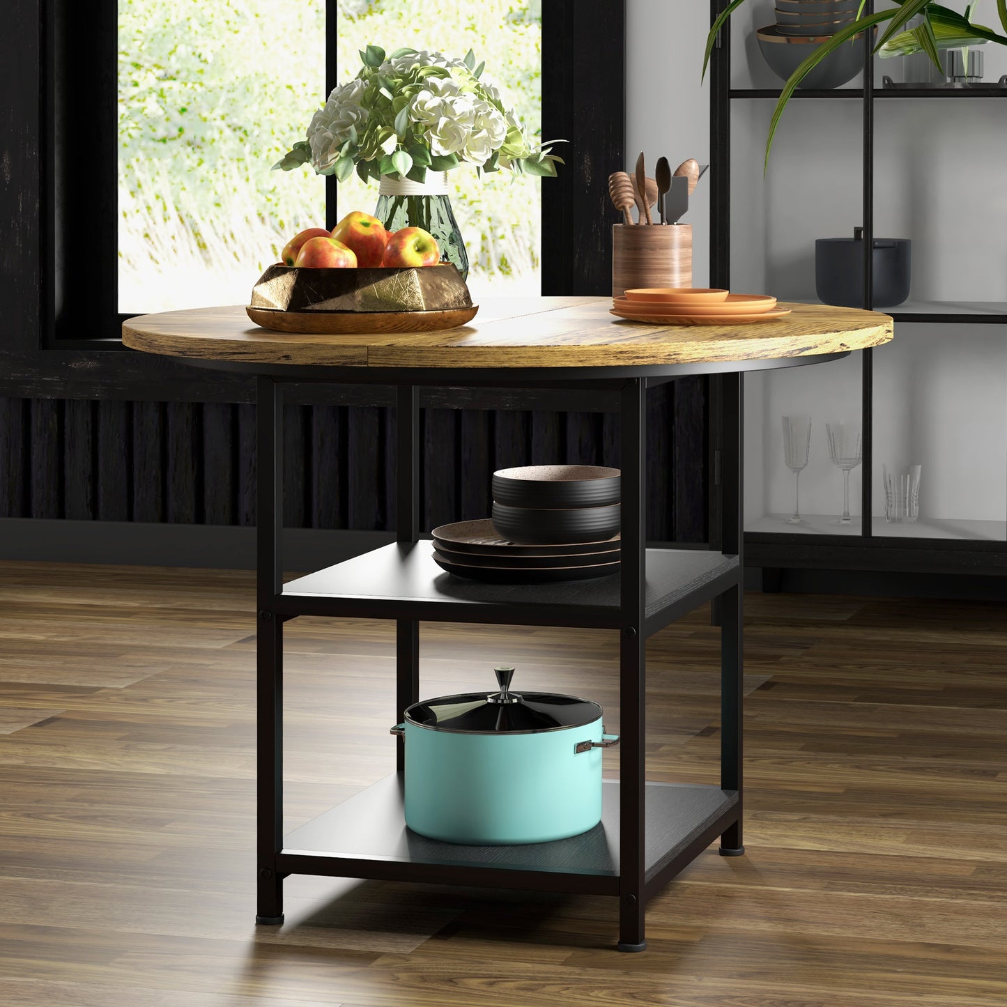 39" Round Industrial Dining Table with Storage Shelves for 4-6 People, Rustic Brown