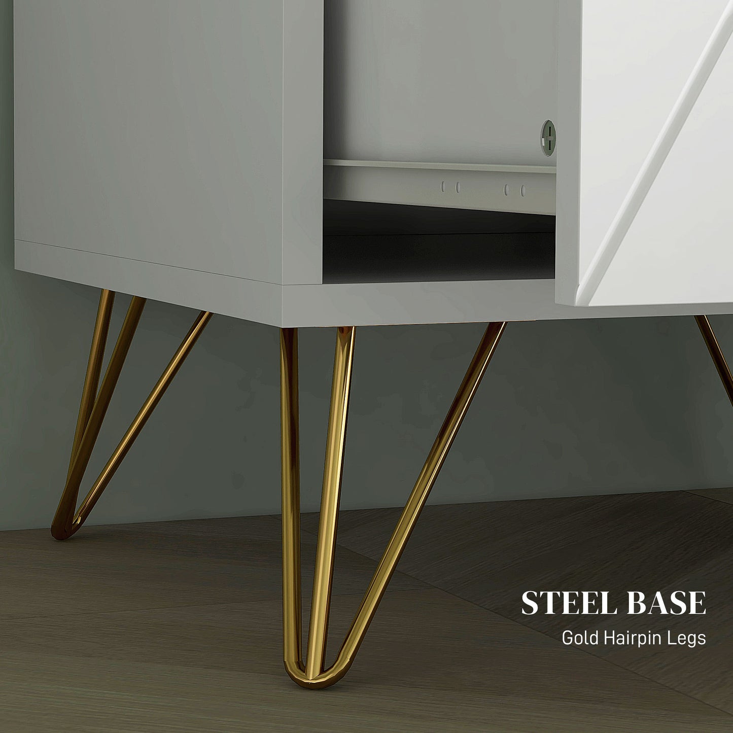 Modern Bedside Table with Gold Hairpin Legs and 2 Drawers, White