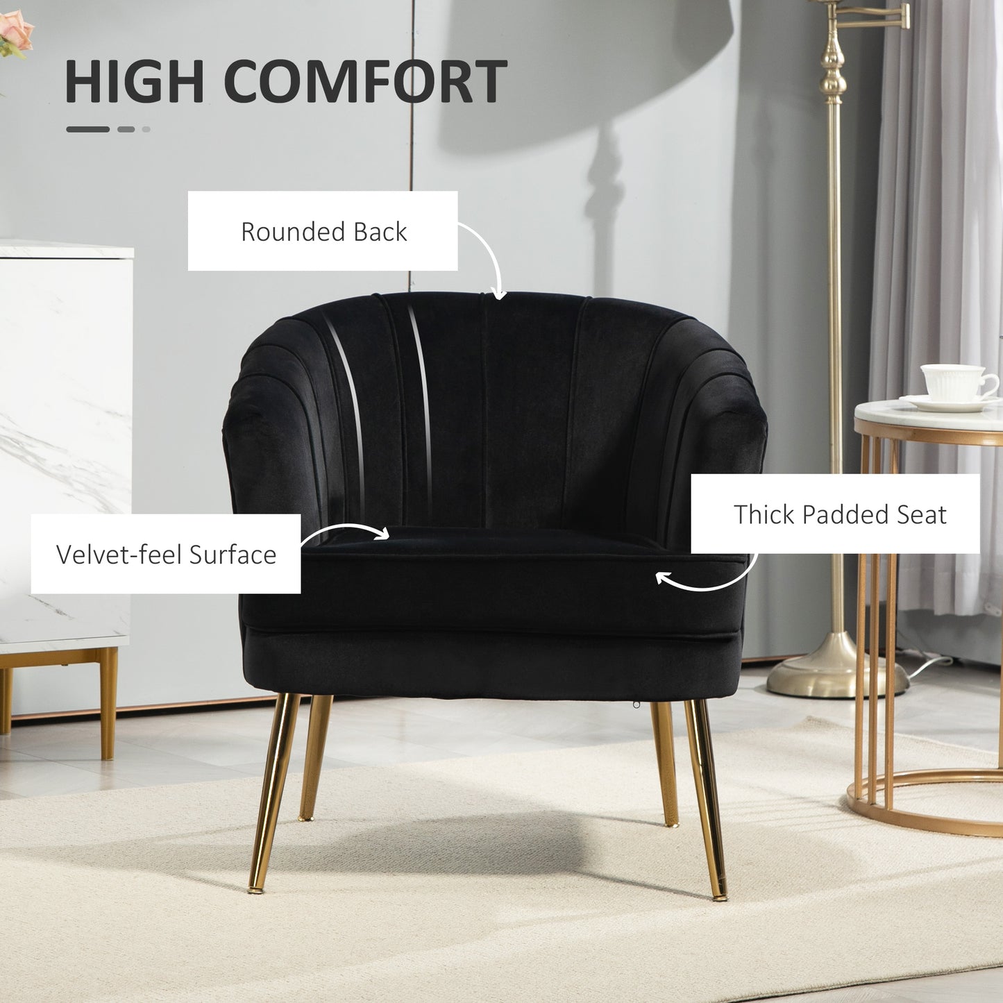 Channel-Tufted Tub Armchair with Velvet Upholstery and Gold Legs, Black