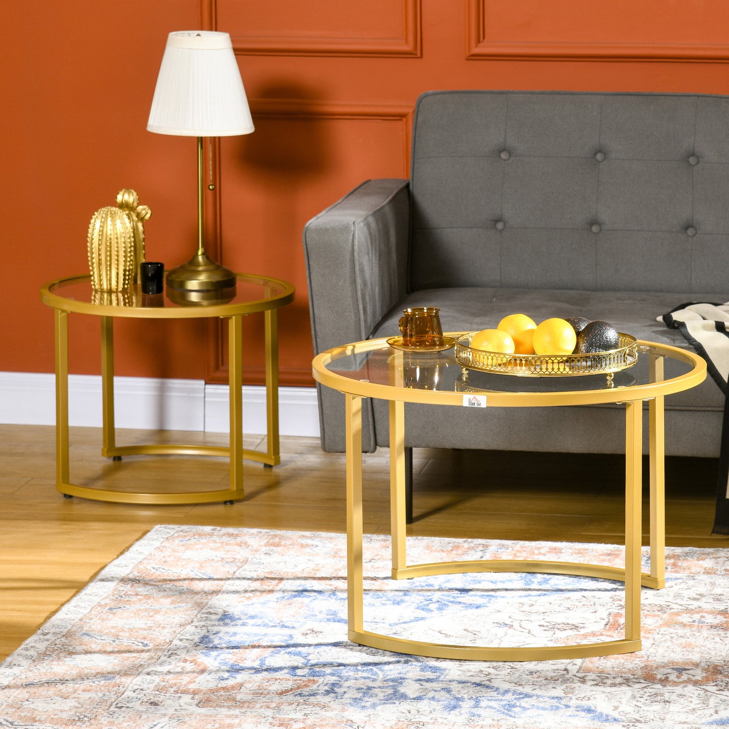 Gold Round Nesting Tables Set of 2 with Tempered Glass Top