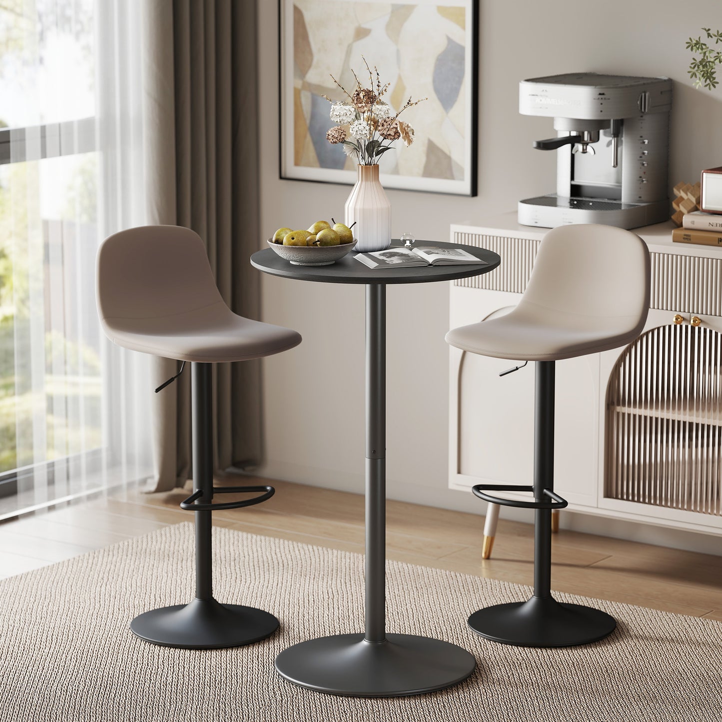 Bar Height Round Table with Wood Veneer Top for 2 People, Black