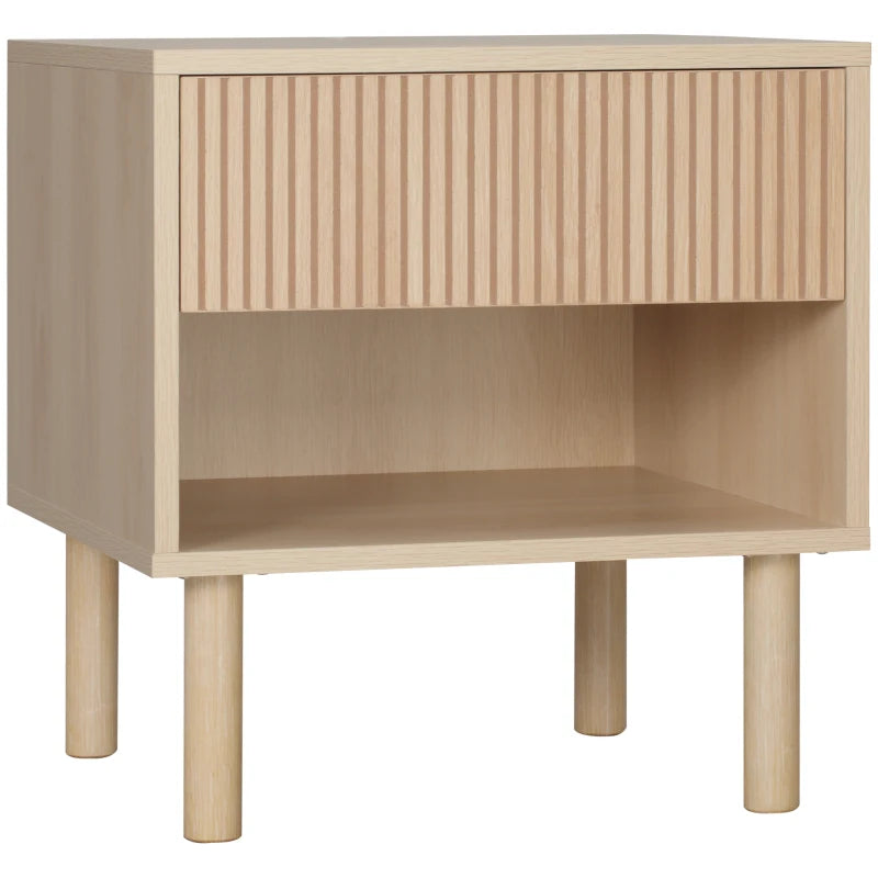 Modern Bedside Table with Drawer and Open Shelf, Natural Wood