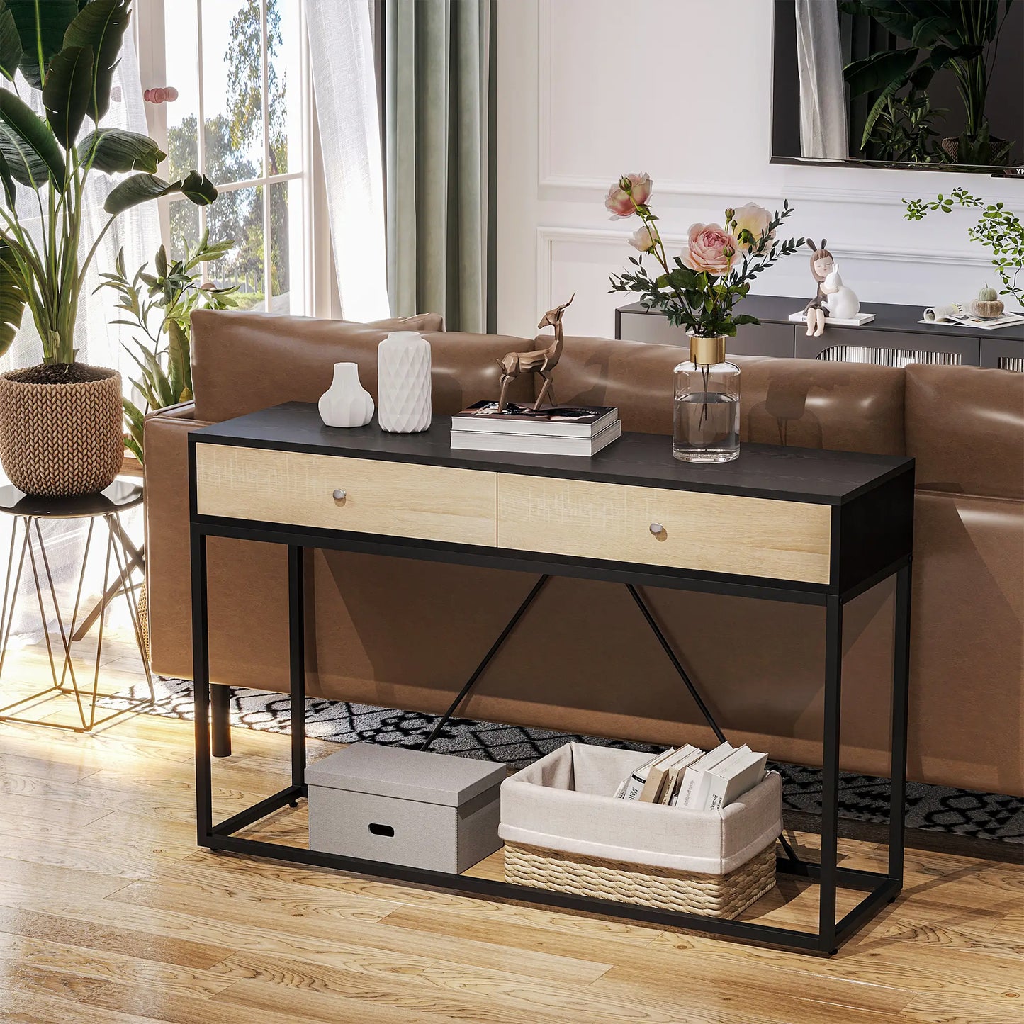 47" Industrial Console Table with Steel Frame and 2 Storage Drawers, Black