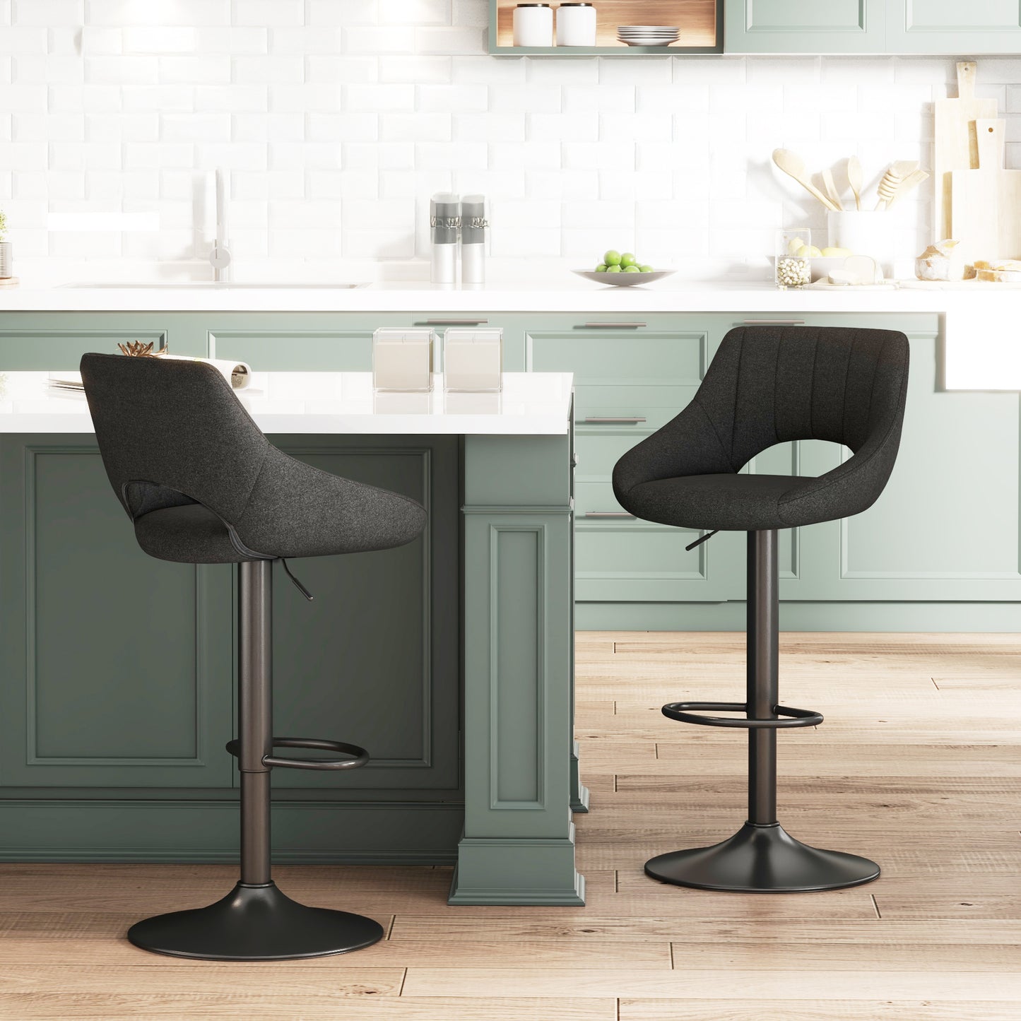 Adjustable Height Swivel Bar Stools with Linen Upholstery, Black (Set of 2)