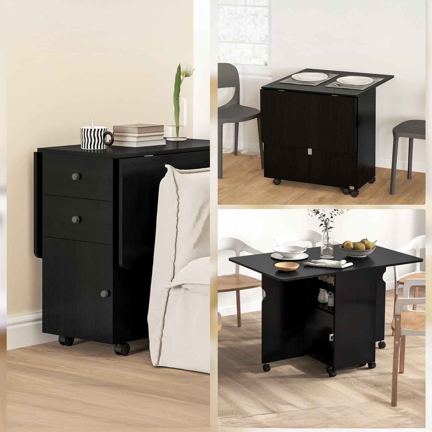 Extendable Drop Leaf Dining Table with Storage - Black Wood Grain