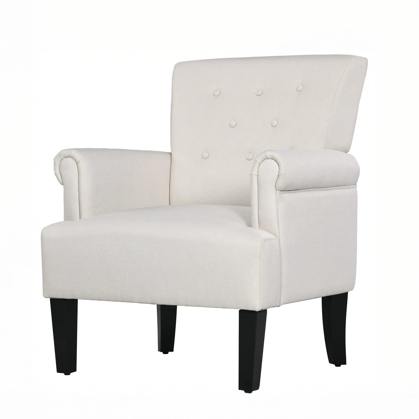 Fabric Accent Chair with Wood Legs and Rolled Arms, Cream White