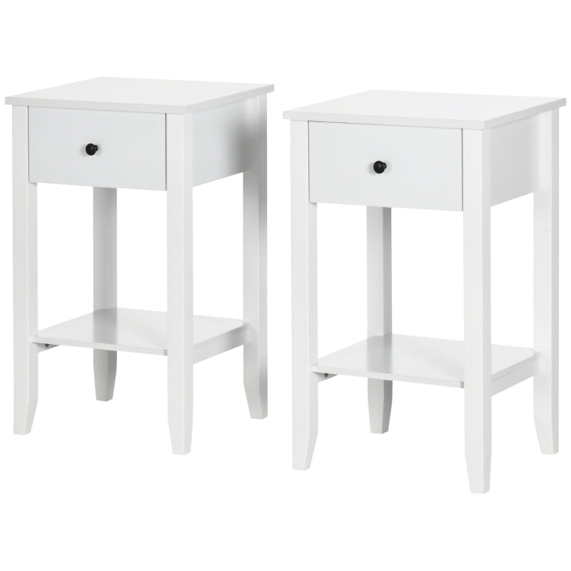 2-Tier Side Tables with Drawer and Shelf, White (Set of 2)