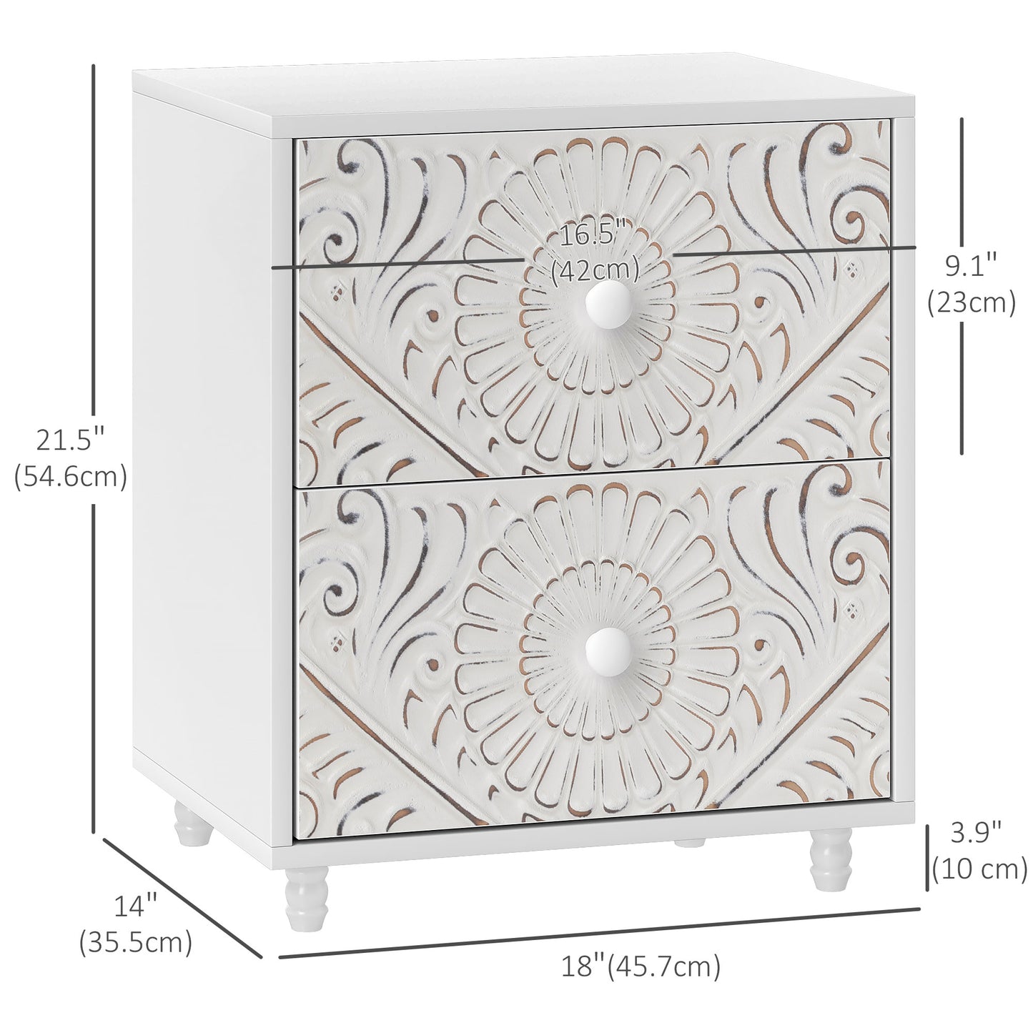 Mid-Century Nightstand with Unique Carved Details and 2 Drawers, White