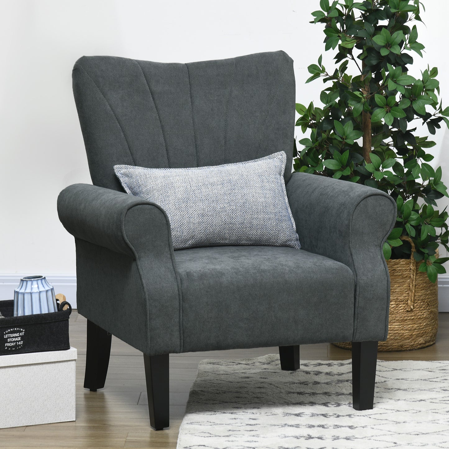 Fabric Wingback Accent Chair with Wood Legs, Dark Gray