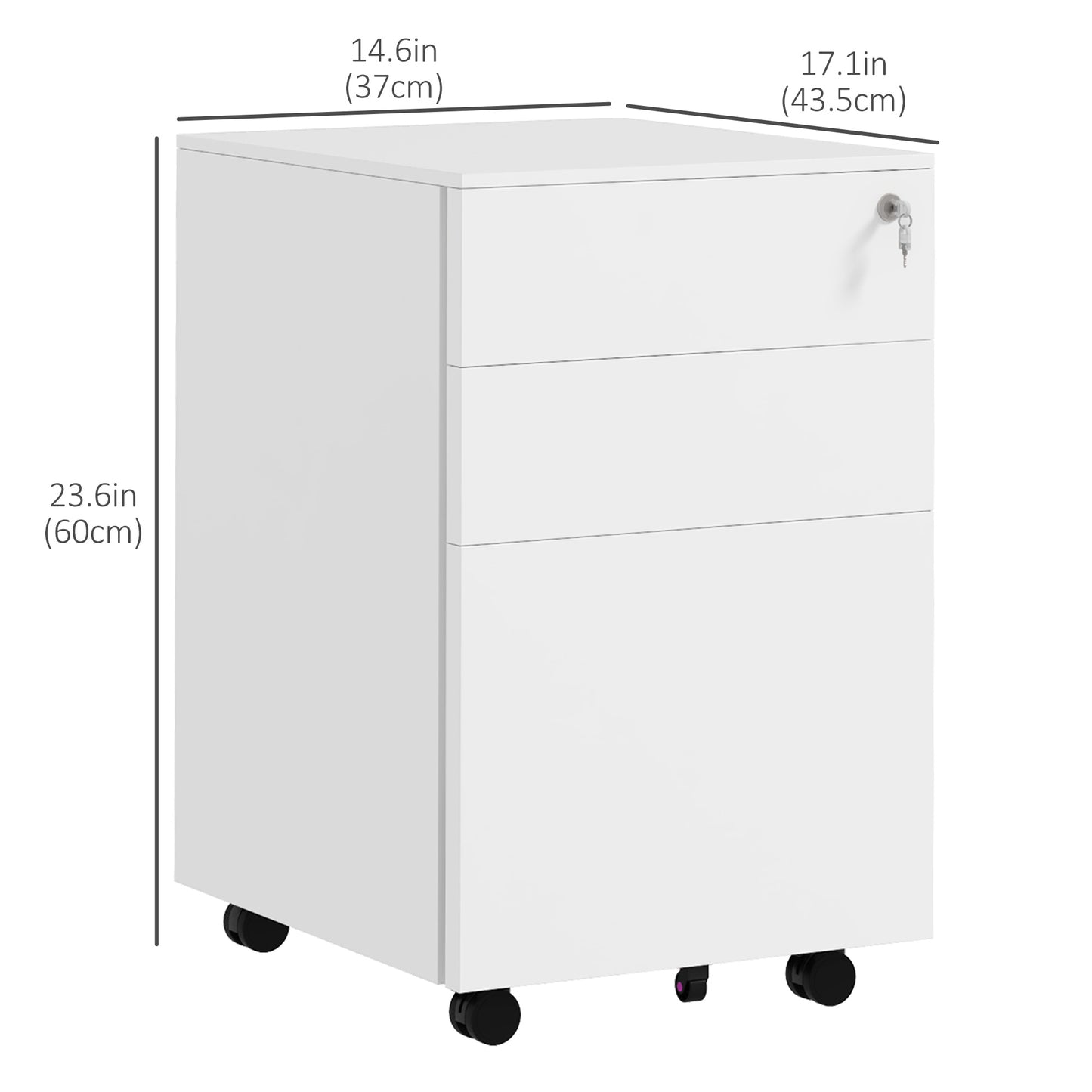 3-Drawer Mobile Steel Filing Cabinet with Lock - White