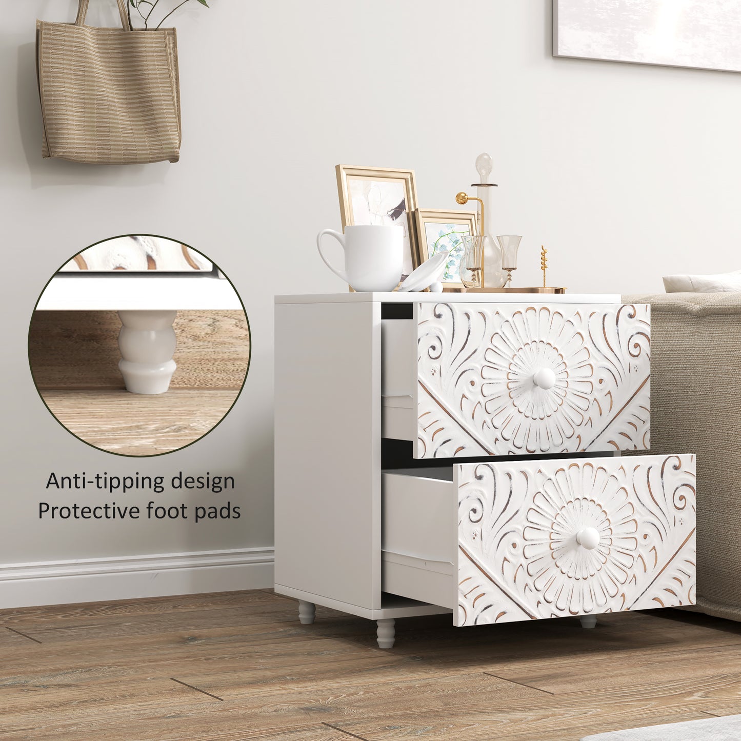 Mid-Century Nightstand with Unique Carved Details and 2 Drawers, White