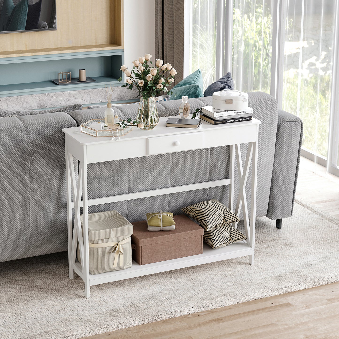 39" X-Design Console Table with Drawer and Storage Shelf, White